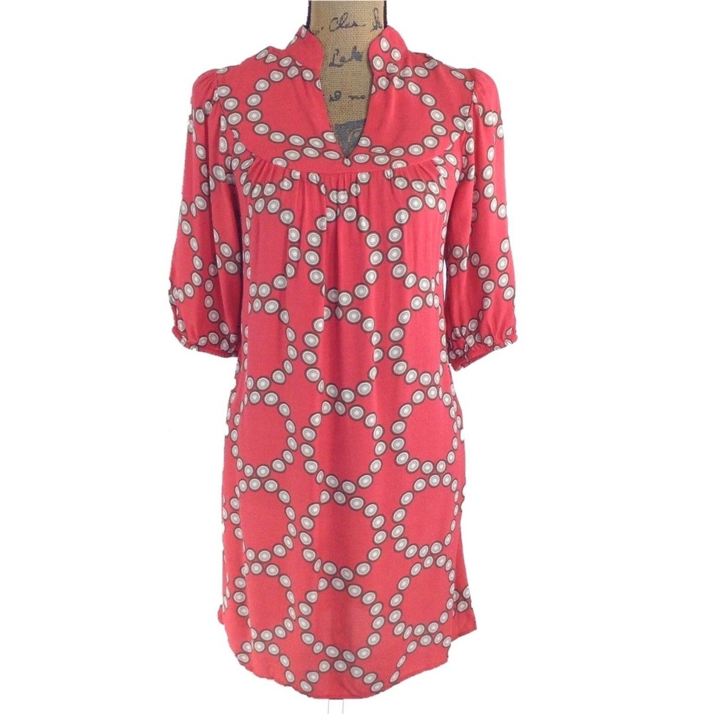 Banana Republic Dress 4‎ Coral Brown Ivory Circle Rayon Bird Of Paradise Shift